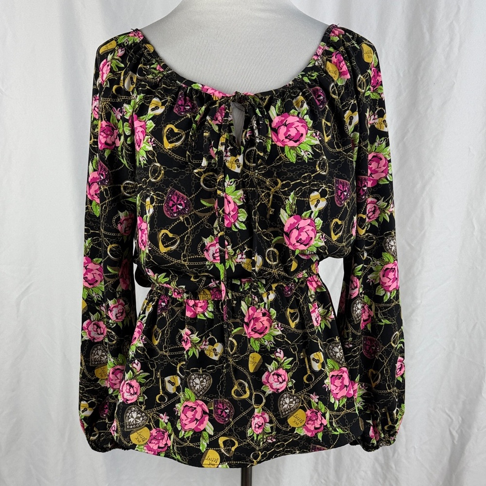 Betsey Johnson Pink Floral Black Peplum Blouse